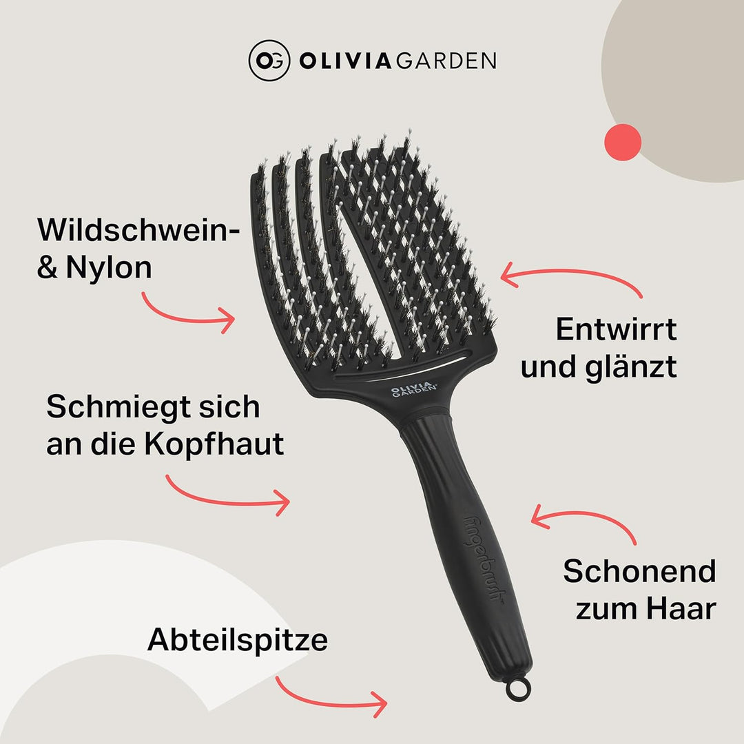 Olivia Garden Fingerbrush Care Iconic - Large - Schwarz - Detangler Bürste mit Wildschweinborsten &