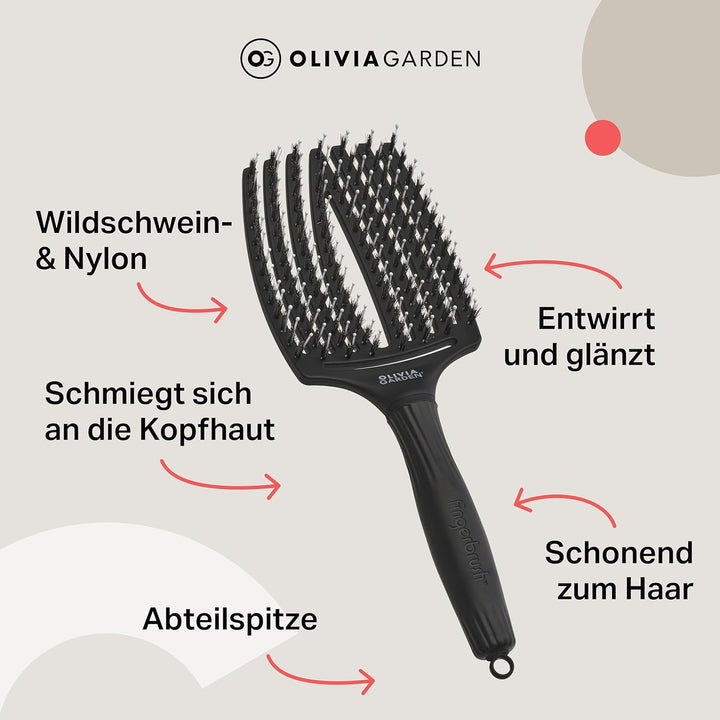 Olivia Garden Fingerbrush Care Iconic - Large - Schwarz - Detangler Bürste mit Wildschweinborsten &