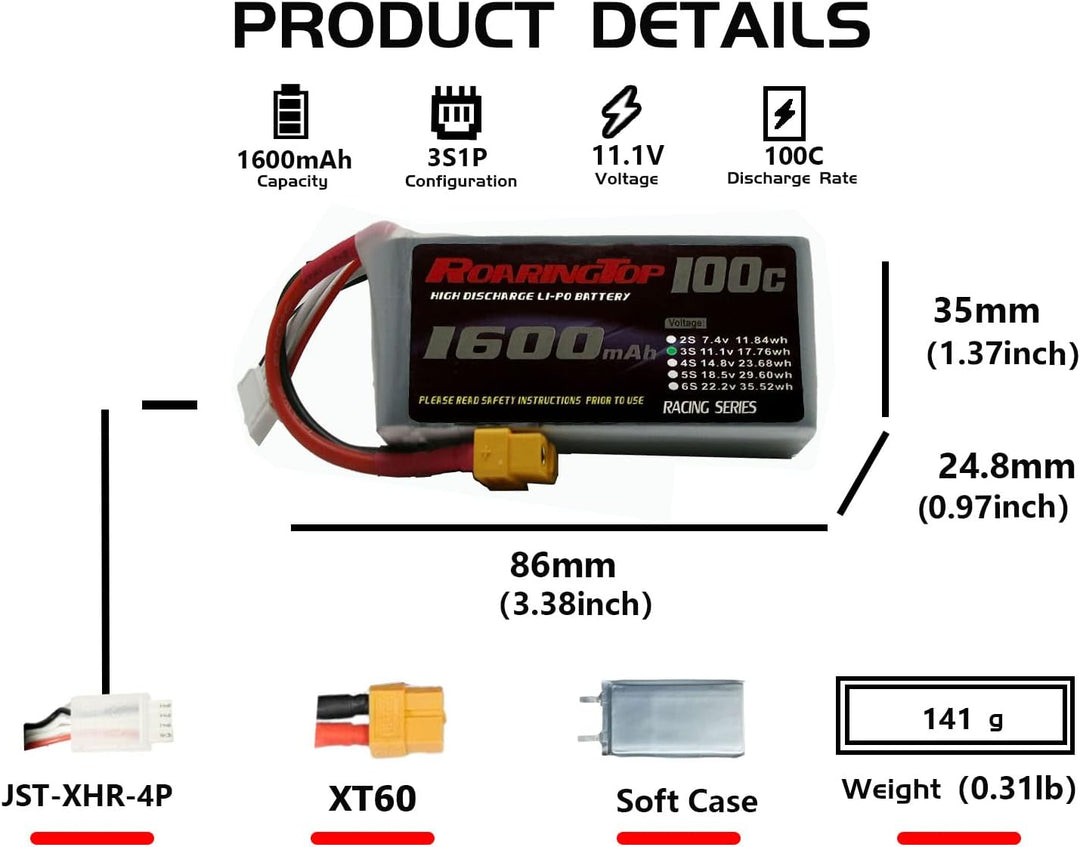 Roaring Top 1600mAh 100c 3s Lipo Battery Lipo Akku Anschluss für RC Auto 11.1v