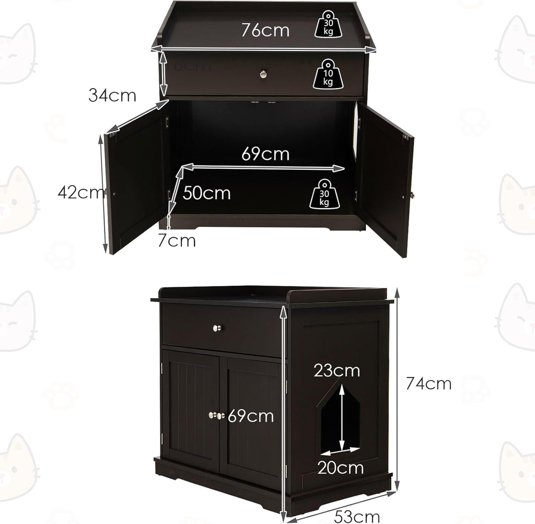 COSTWAY Katzenschrank mit Schublade & Tür & Eingang, 3-in-1 Katzenhaus Katzentoilette Beistelltisch,