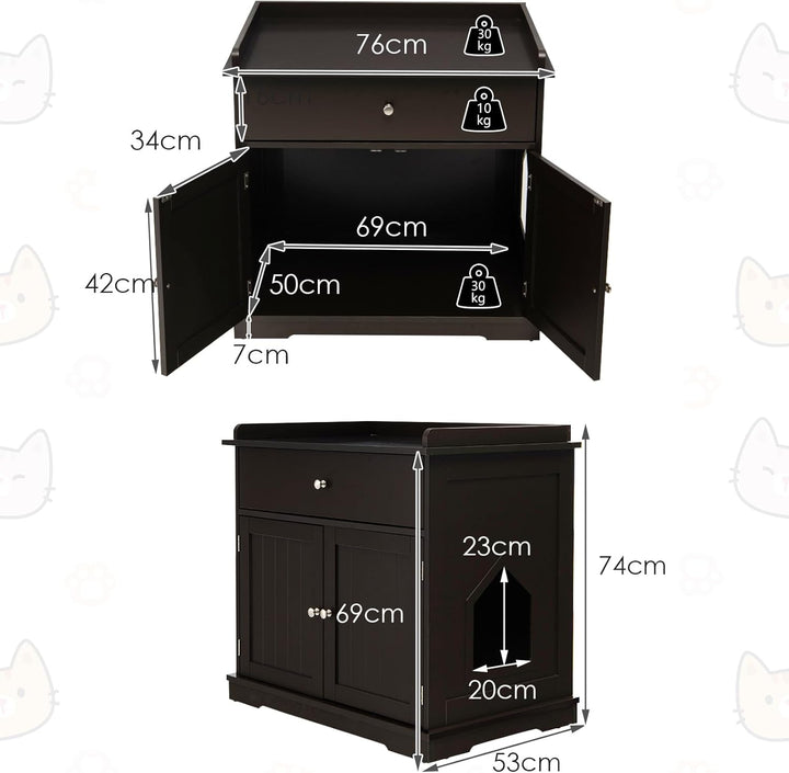 COSTWAY Katzenschrank mit Schublade & Tür & Eingang, 3-in-1 Katzenhaus Katzentoilette Beistelltisch,