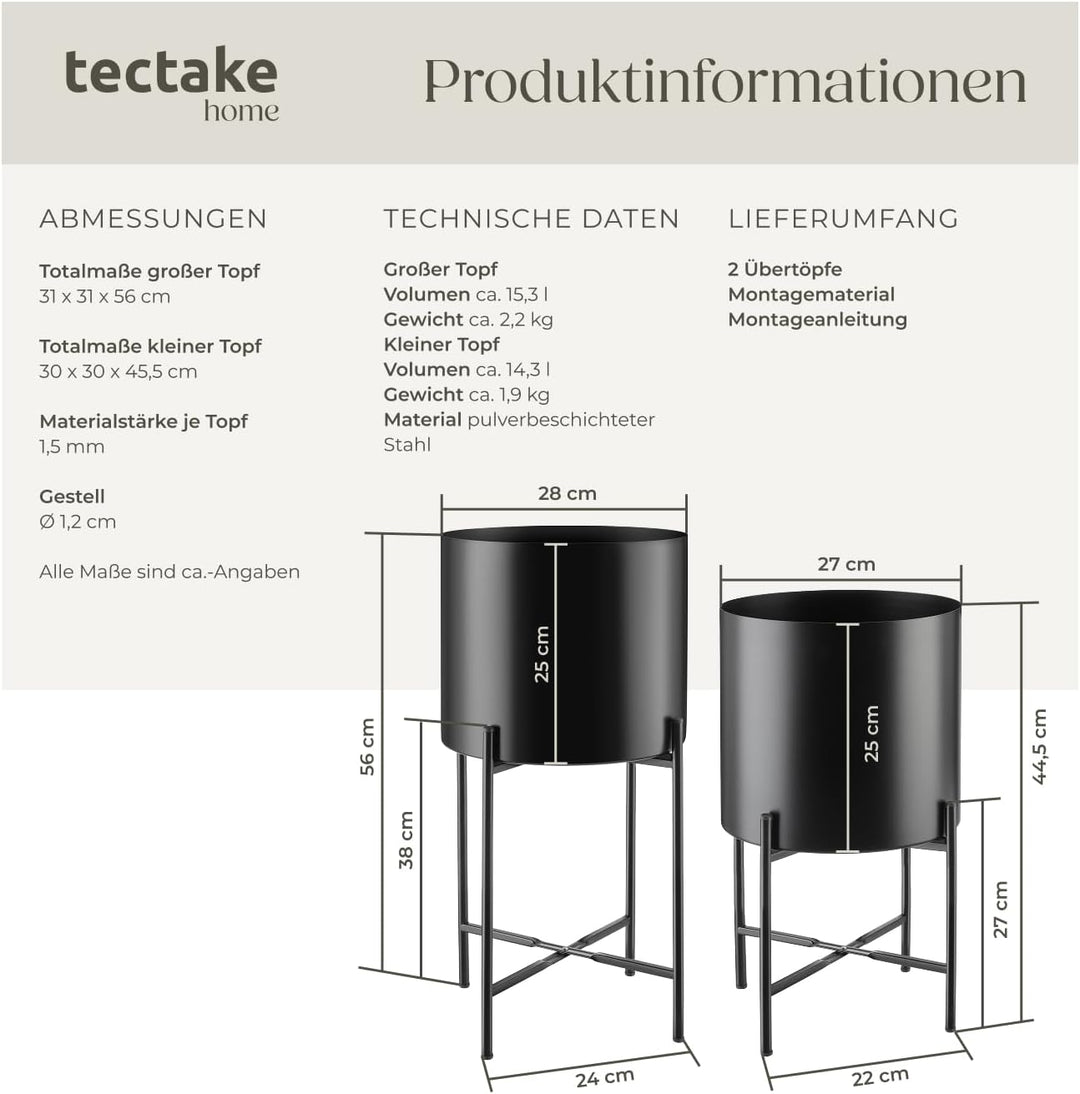 tectake® Pflanzenständer 2er Set, Blumenständer, Metall Blumentopf, abnehmbare Übertöpfe, Blumentöpf