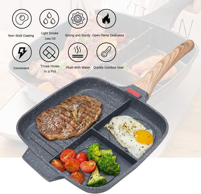 Bobikuke Multi Grillpfanne Induktion, Steakpfanne 3 in 1 Antihaft Beschichtung Geteilte Bratpfanne F