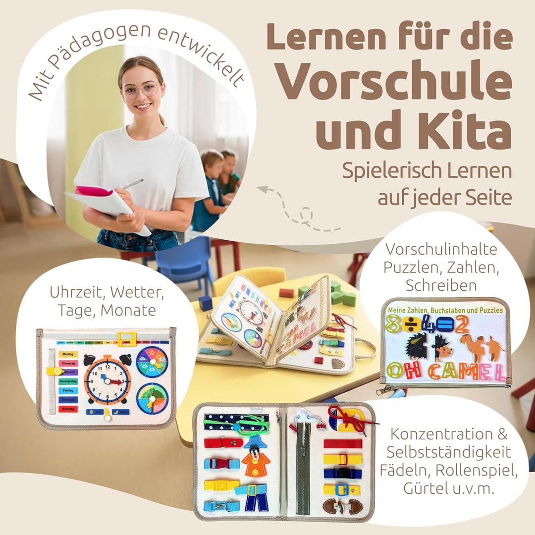 Mallie® Montessori Busy Board mit Rollenspiel-Set & Fingerpuppen [Version 2025] Lernbuch - Fördert F