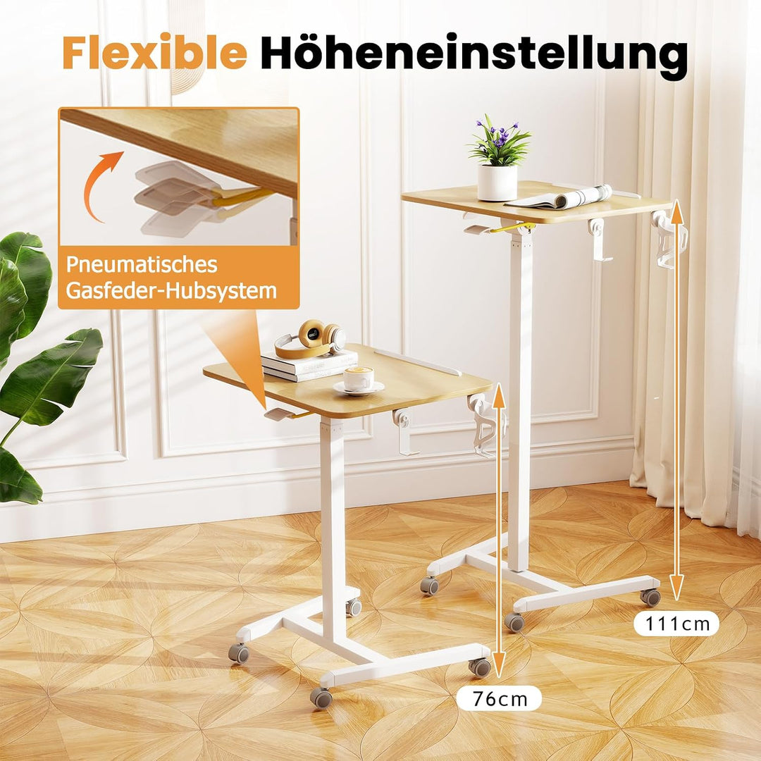 COSTWAY Beistelltisch höhenverstellbar mit Rollen, Stehtisch mit 90° neigbarer Tischplatte, Haken un