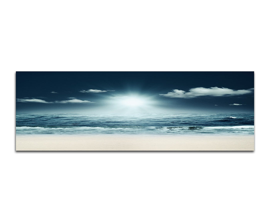 Paul Sinus Art Panoramabild auf Leinwand und Keilrahmen 150x50cm Strand Meer Wellen Licht Nacht abst