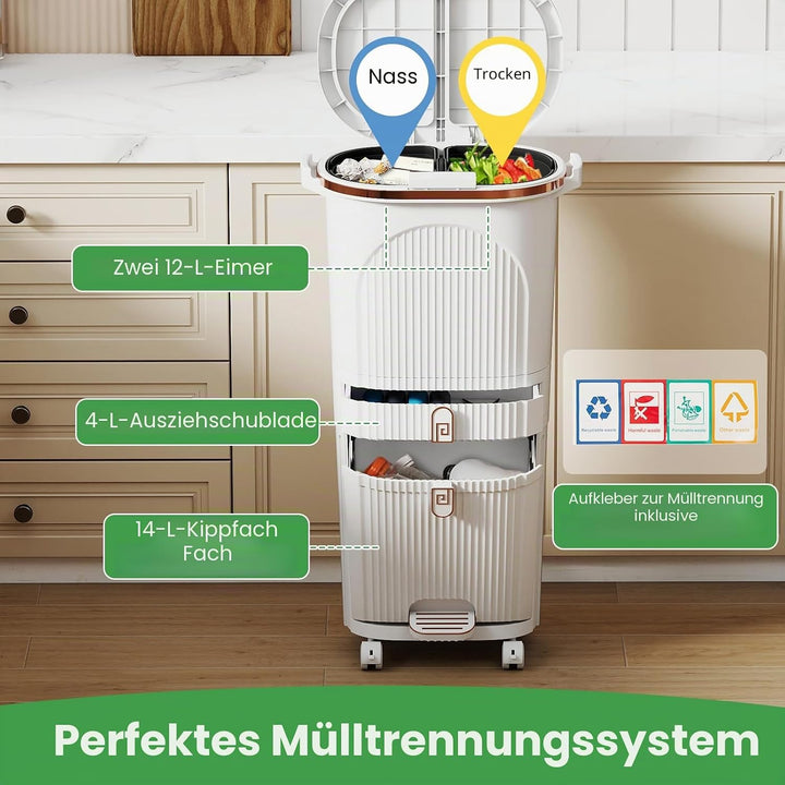 LIFEZEAL 38L / 42L Mülleimer auf Rädern, Abfalleimer mit 3 Fächern & Deckel, Tretmülleimer mit Griff