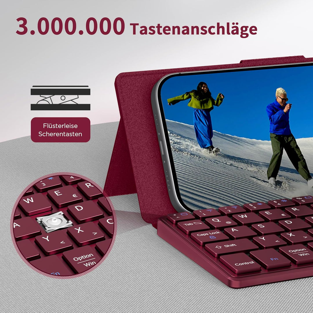 CACOE Mini Bluetooth Tastatur mit Ständer für Handy, Ultraflache Tragbare, Faltbare, Dual-Channel QW