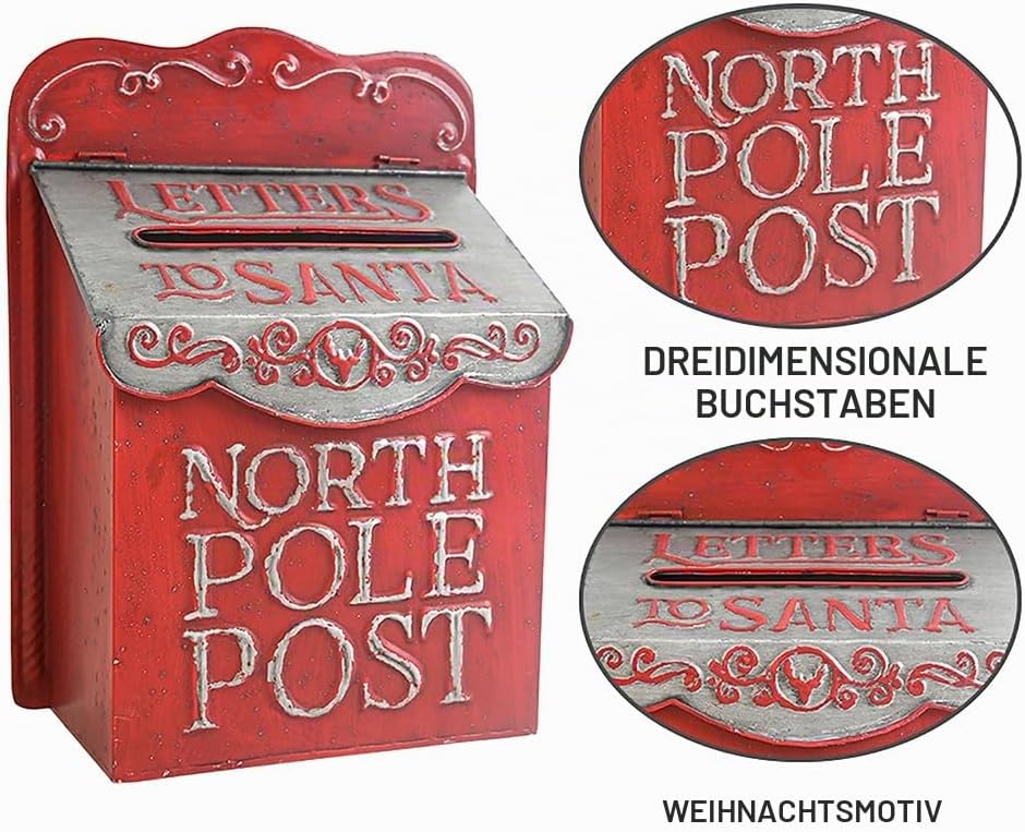 Weihnachtsmann Briefkasten Weihnachtlicher Deko aus Metall, Weiss Rot, Weihnachtsmann Vintage Briefk