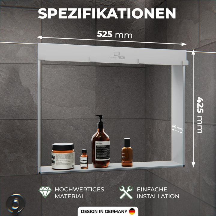 ShowerNIZR Duschregal Weiss - Duschablage ohne Bohren für Duschwand zum Hängen aus Edelstahl mit 4 H