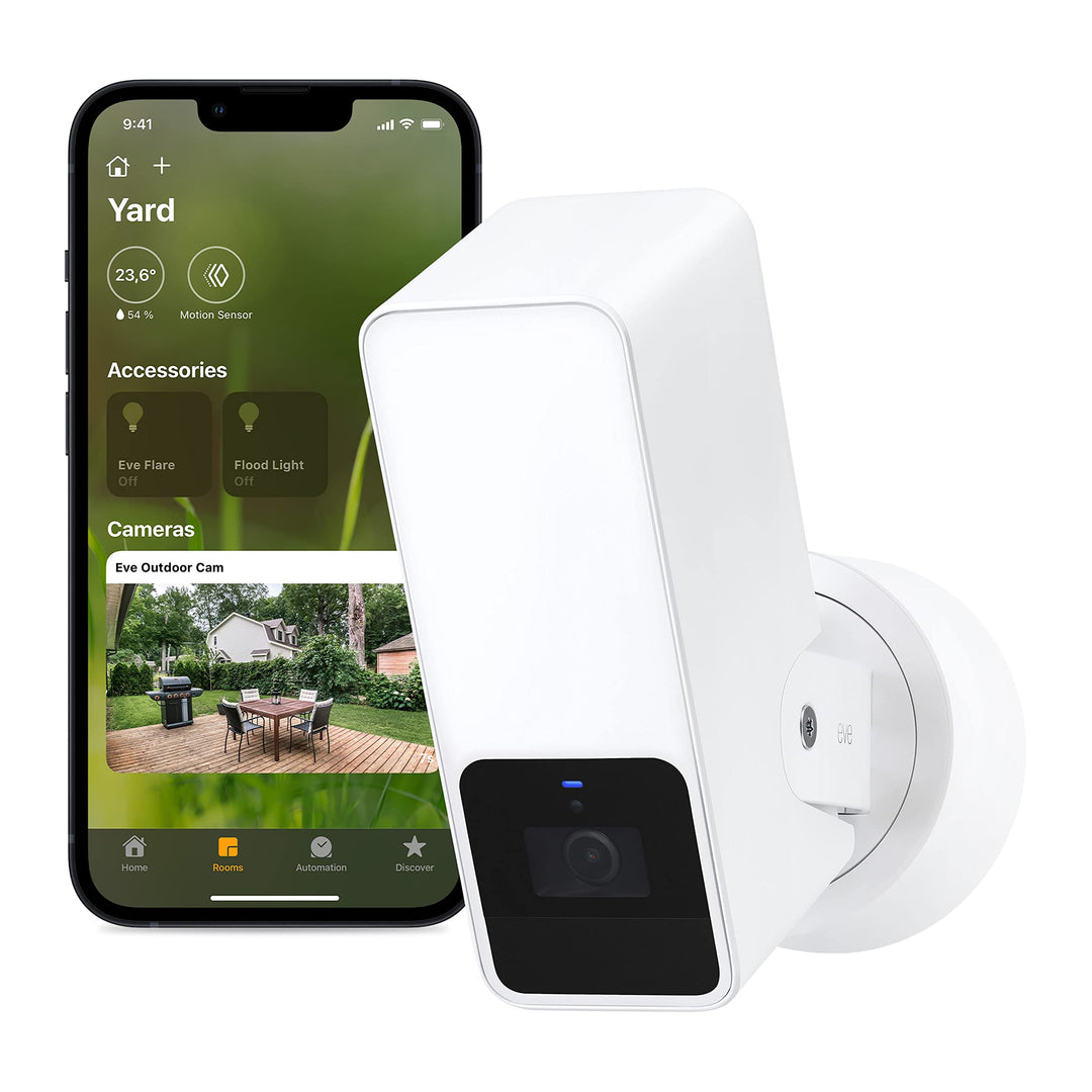 Eve Outdoor Cam (White Edition) – Smarte Überwachungskamera, Flutlicht, Nachtsicht, Bewegungsmelder,