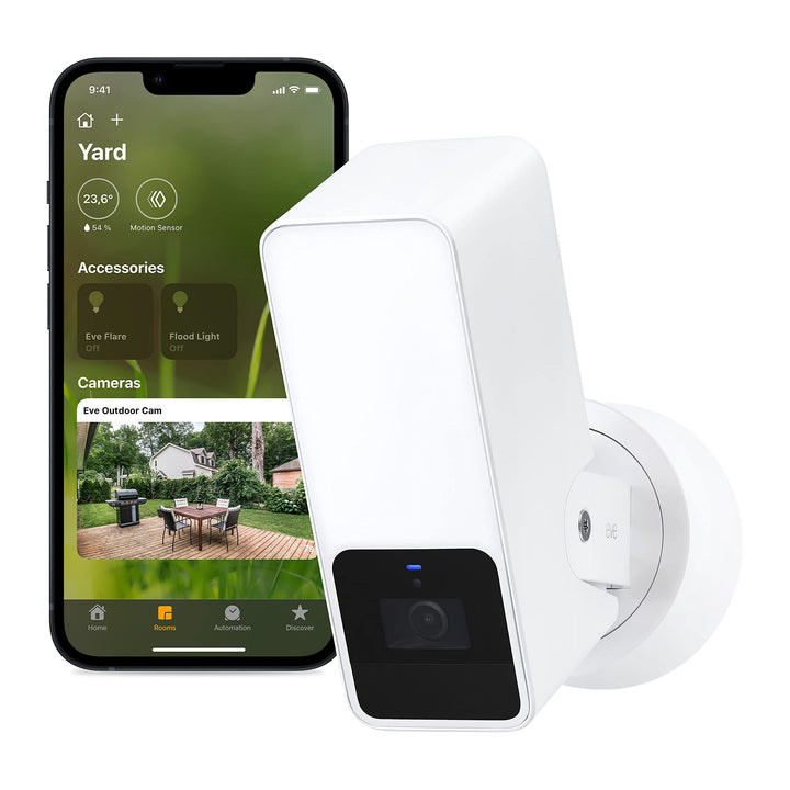 Eve Outdoor Cam (White Edition) – Smarte Überwachungskamera, Flutlicht, Nachtsicht, Bewegungsmelder,