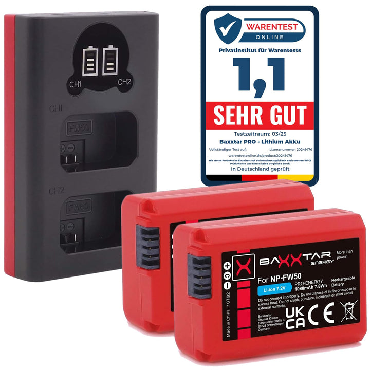 Baxxtar Pro (2X) Akku NP-FW50 mit Mini 18592 LCD DUAL Ladegerät (Eingang USB-C und