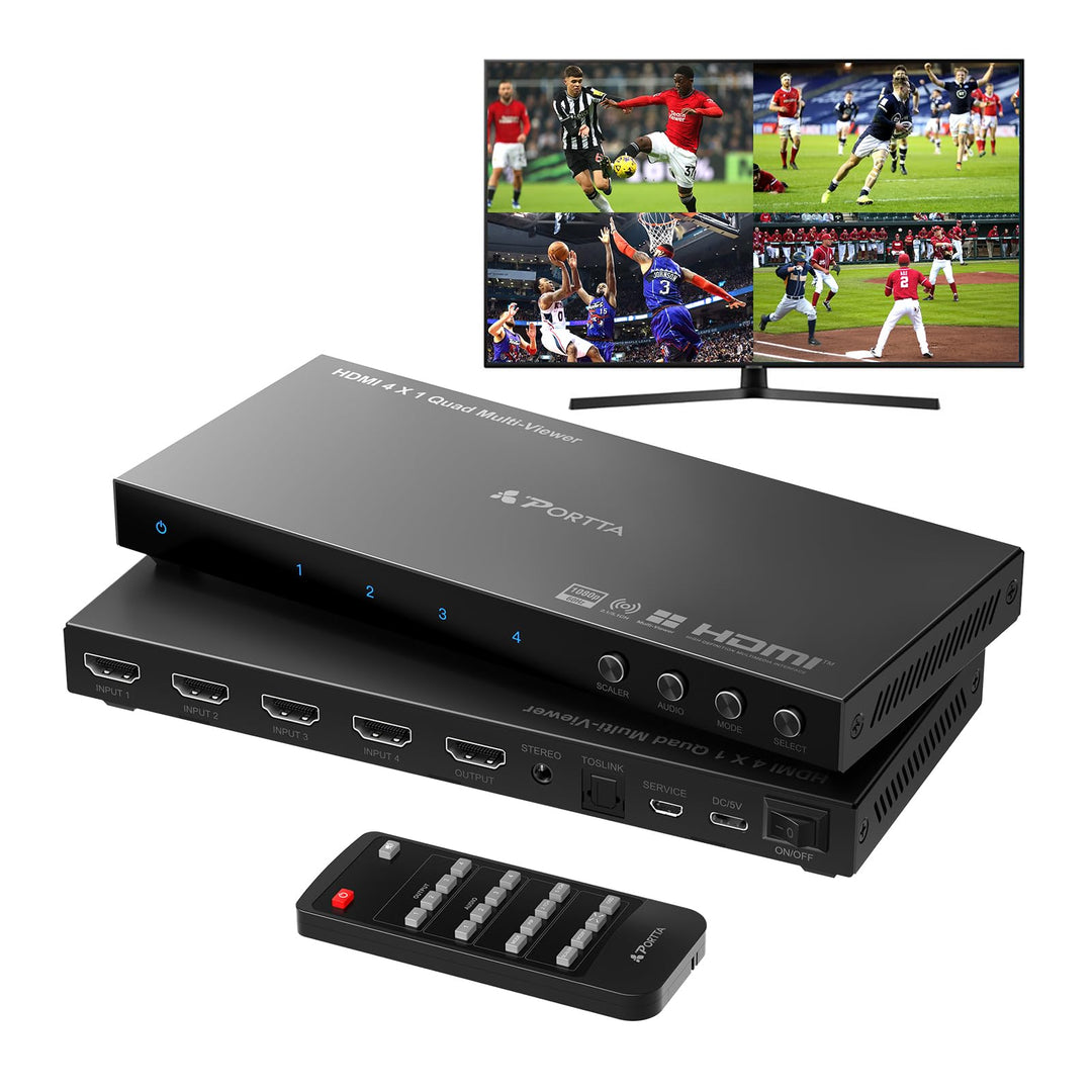 HDMI Multiviewer Switch 4x1 mit Pip, PORTTA Quad Multi Viewer Seamless Switcher 4 in 1 Out mit Tosli