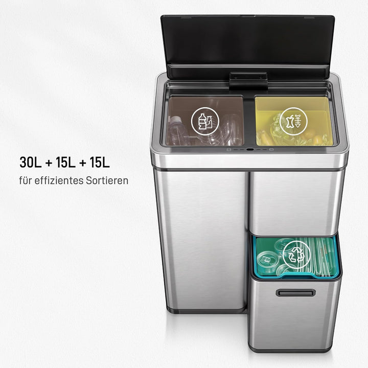 EKO Mirage Plus Mülltrennsystem mit 3 Fächer, 2 x 15 L und 30 L, Recycler Mülleimer mit Sensor, 3 Ku