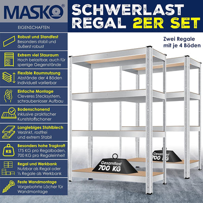 MASKO® 2er-Set Lagerregal Schwerlastregal, Kellerregal, 160 x 80 x 40 cm, bis 700 kg belastbar, 4 ve