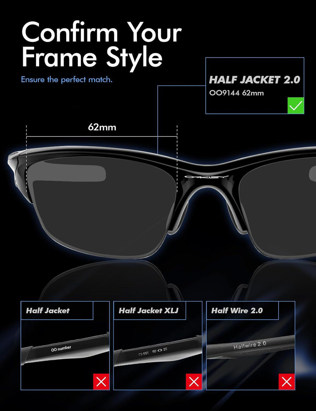 Saucer Premium-Ersatzgläser und Gummi-Kits für Oakley Half Jacket 2.0 OO9144 Sonnenbrillen High Defe