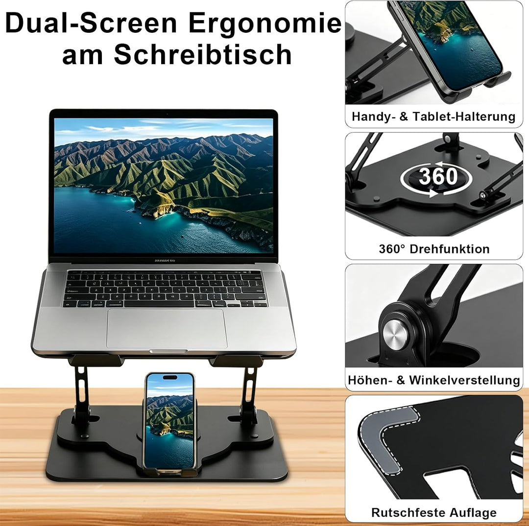 Laptop Ständer Höhenverstellbar mit Handy Halterung 360° Drehbar &amp; Platzsparend Klappbar Ergonomisch