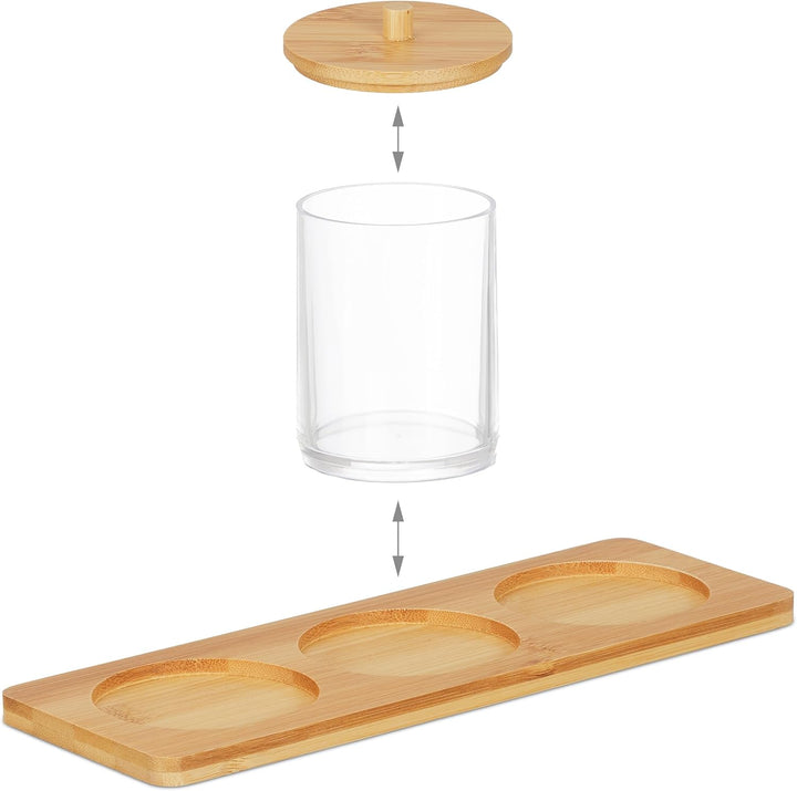 Relaxdays Wattestäbchenbehälter mit Tablett, 3 Becher m. Deckel, Kosmetik Organizer Kunststoff/Bambu