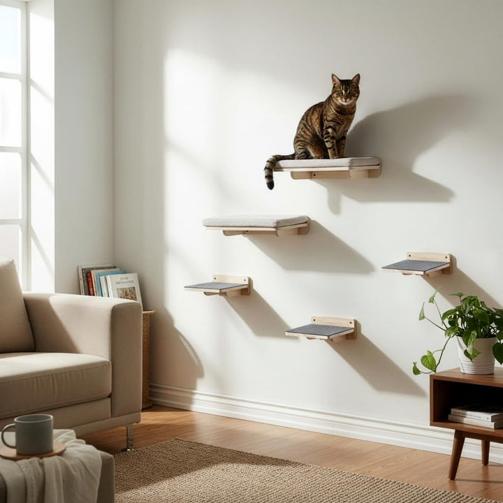 WOOWOOD® 2X Kletterwand Katzen - 2X Katzentreppe Wand [Vollholz] - Kratzbaum Wand - Hängematte Katze