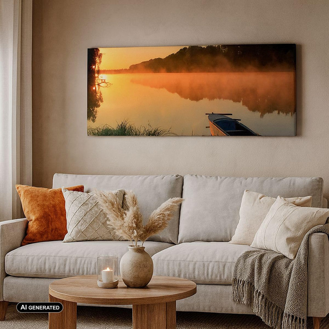 Wandbilder Dekoration Wohnzimmer Morgen Nebel See Landschaft Panorama Bilder auf Leinwand 120x50cm L