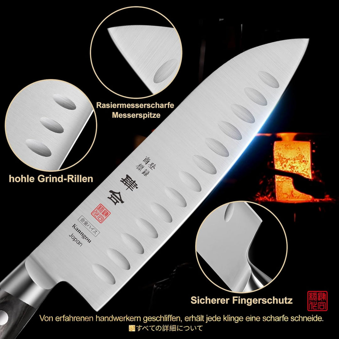 Classic. Japanisches Messer aus AUS-8 Stahl mit Kompletter Räuchergriff (Santoku Kochmesser, 18 cm)