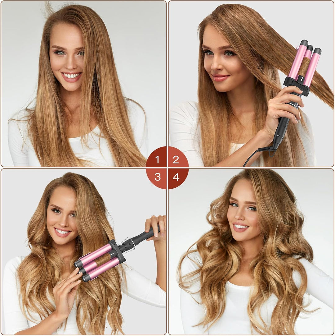 Beach Waves Lockenstab 3 Barrel - Edelstahl Heizung Wellig Lockenstab für langes & kurzes Haar, Rosa