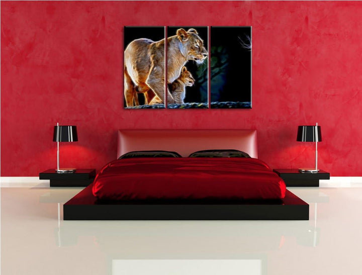 Dark Löwenmutter mit Jungtier Spezial 3-Teiler Leinwandbild 120x80 Bild auf Leinwand, XXL riesige Bi