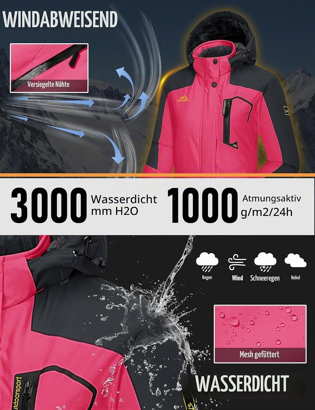 MAGCOMSEN Winterjacke Damen Softshell Funktionsjacke Wasserabweisende Outdoor Ski Jacke Fleece Windd