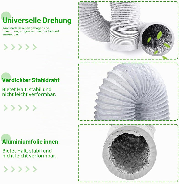 Abluftschlauch 80 mm Länge 6 M PVC Flexibel Alurohr Schlauch Aluminium Aluflexschlauch mit 2 Schlauc