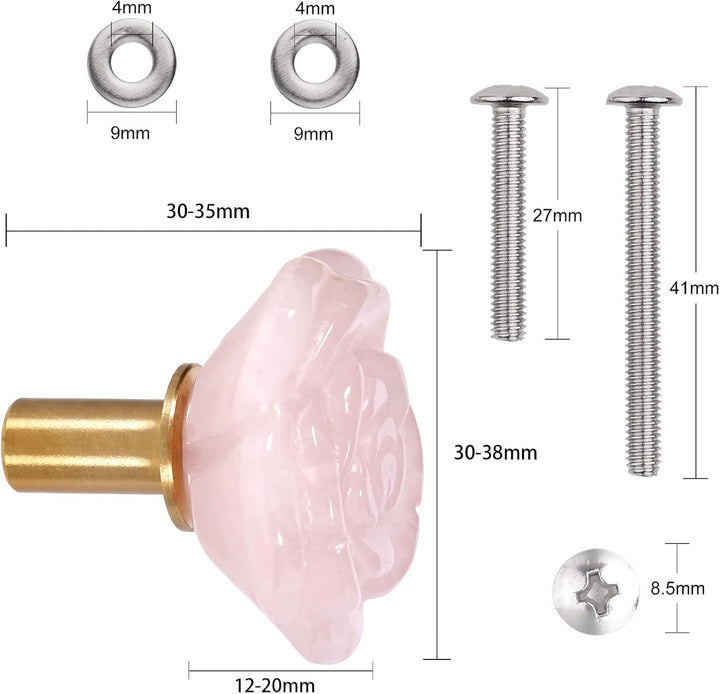 mookaitedecor Satz von 4 Rosenquarz Rose Blume Schrankknöpfe mit Schrauben, dekorative florale Möbel
