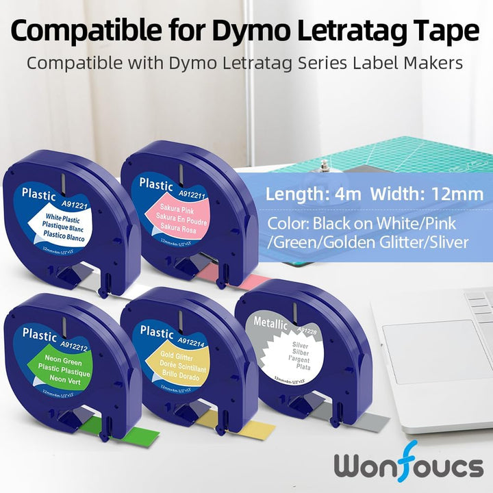 Wonfoucs 5x Etikettenband Ersatz für Dymo LetraTag 12mm x 4m,Kunststoff-Etikettenband kompatibel mit