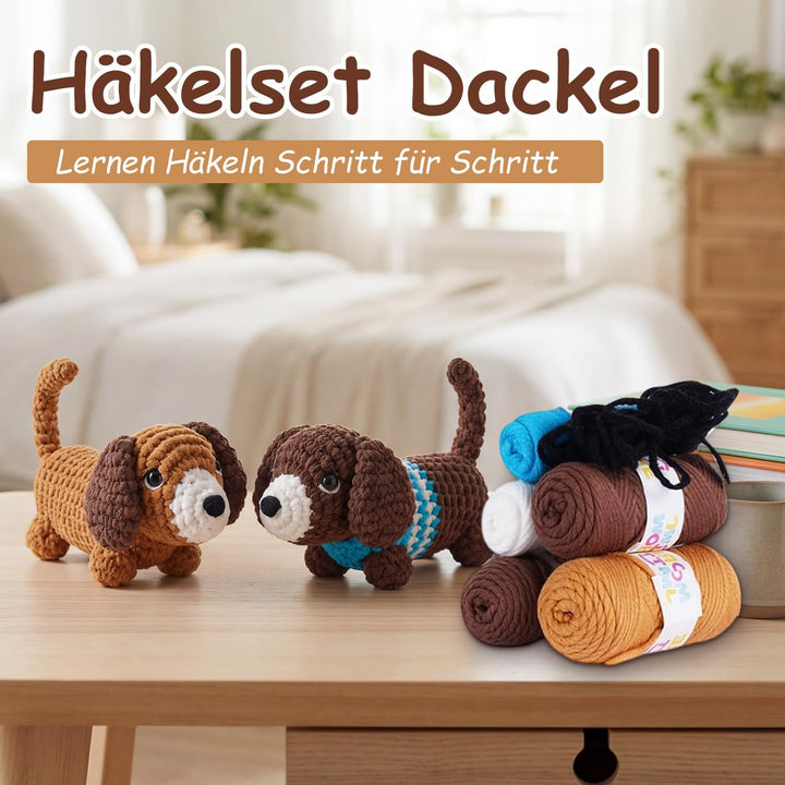 Yoljun Dackel Häkelset für Anfänger mit Häkel Zubehör, Häckel Kit inkl Garn, Video-Tutorial Set, Häk