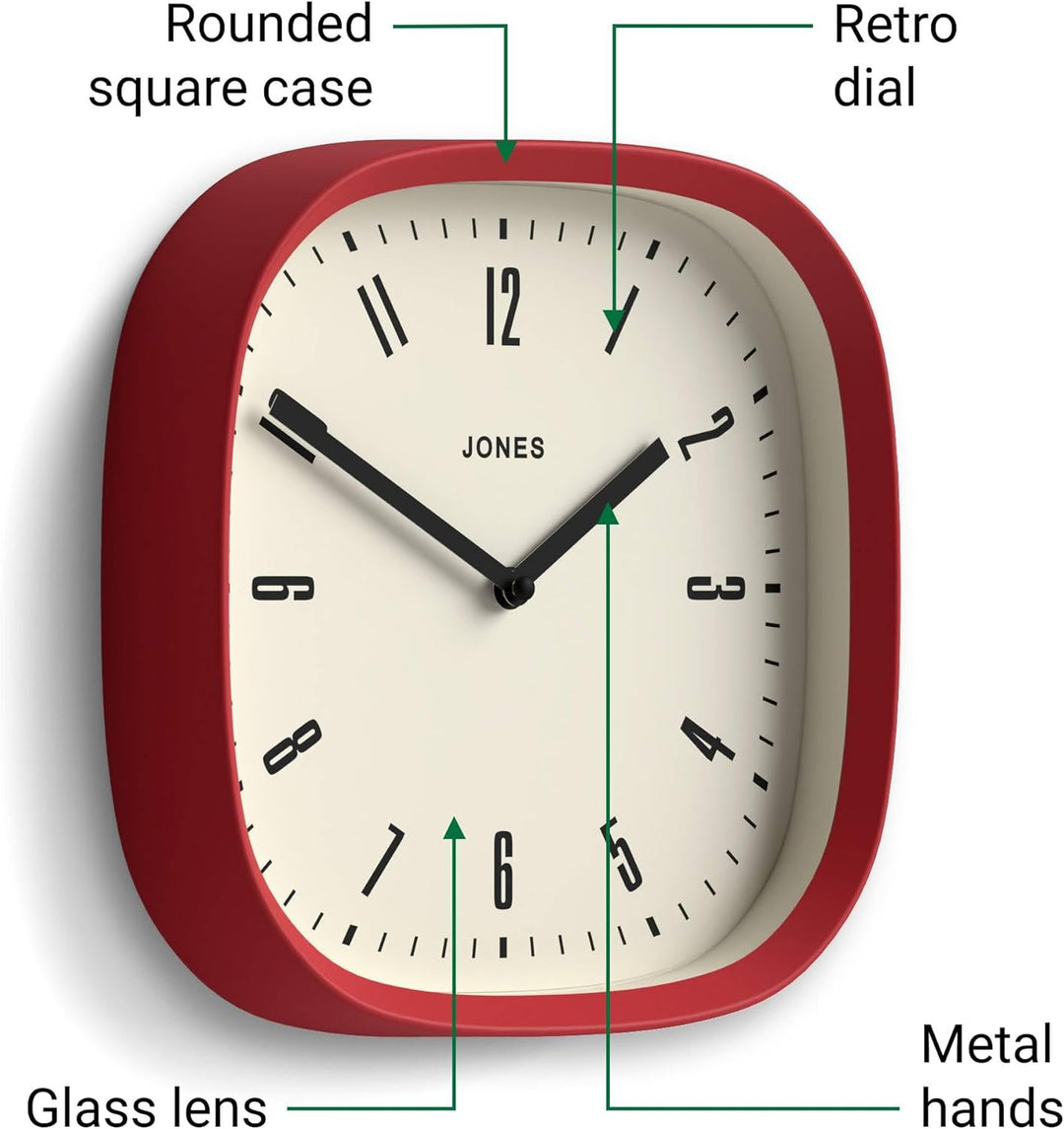 JONES CLOCKS Quadratische Retro-Wanduhr aus hochwertigem Acryl, The 'Marvel' in Rot, 25 x 25 x 5 cm