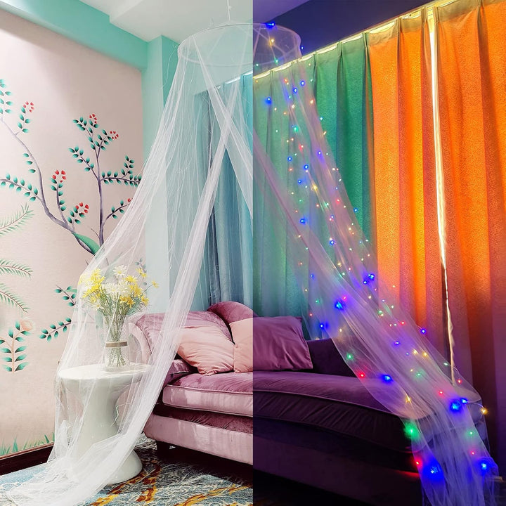 Eimilaly Betthimmel Moskitonetz mit 250pcs Bunte Vorhang Lichter, Betthimmel für Mädchen Zimmer Deko