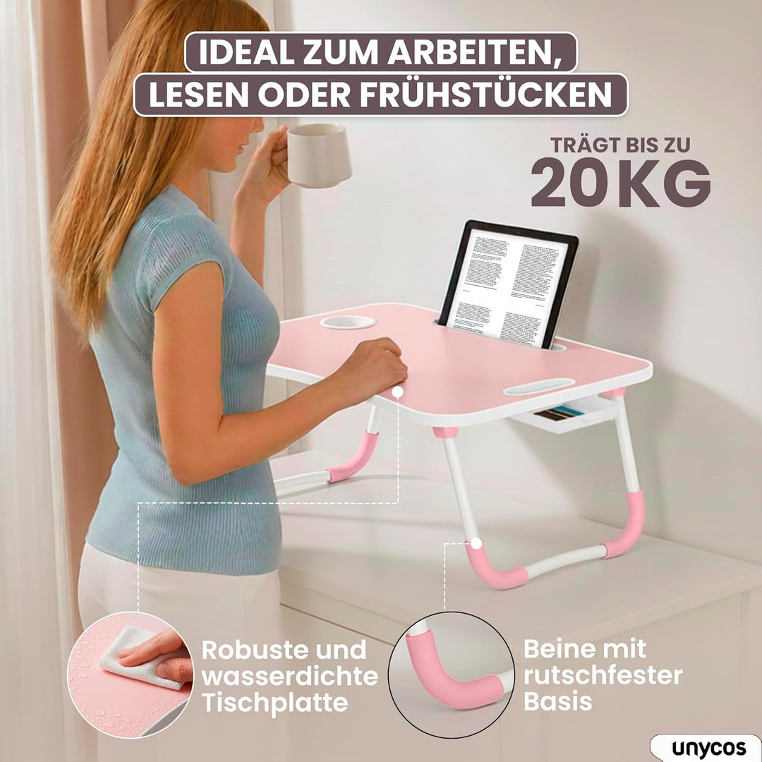 unycos - Betttablett Klappbar, Frühstückstablett mit Griff und Getränkehalter, Serviertisch, Ideal f