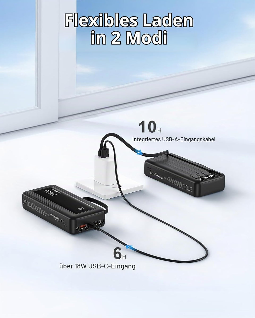 Powerbank 27000mAh mit 4 integrierten Kabel, 30W USB C Schnellladefunktion Schwarz 27000mAh, Schwarz