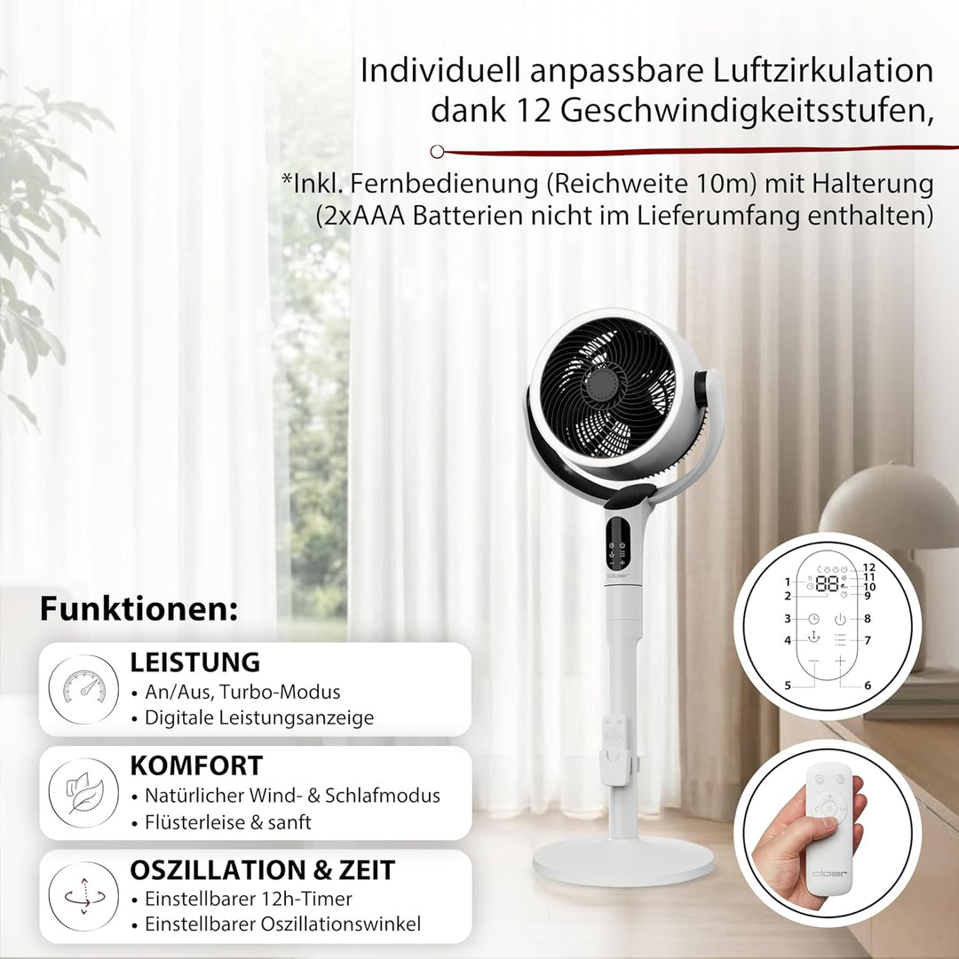 Cloer FA2001 Standventilator & Tischventilator, Weiss | leise, Fernbedienung, 12 Stufen, Schlafmodus