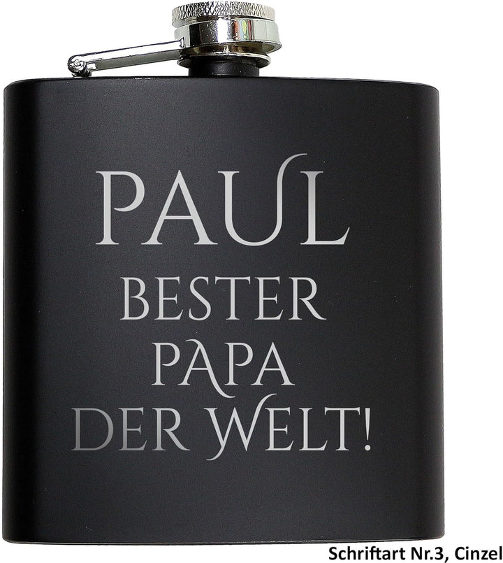 Flachmann mit Gravur. Edelstahl Flachmann personalisiert. Geschenke für Männer. Schwarz, Schwarz