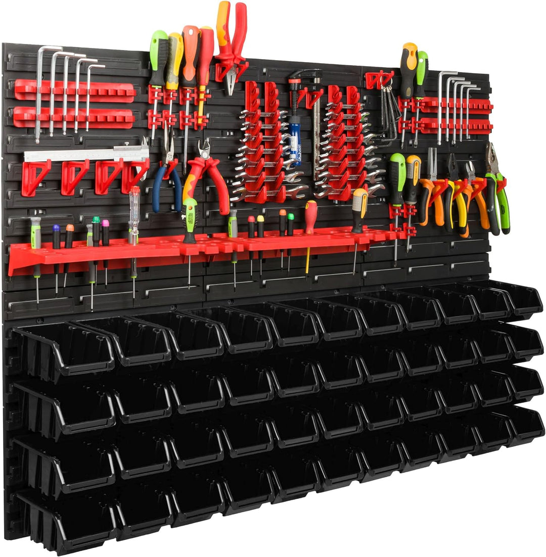 Lagersystem Werkstattregal | 117 x 78 cm | 44 stck. Box | Wandregal mit Werkzeughalterungen und Stap