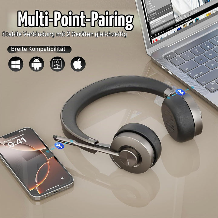Beebang Bluetooth Headset mit Mikrophone, Kabelloses Headset für PC Laptop, 32h Gesprächszeit, USB A