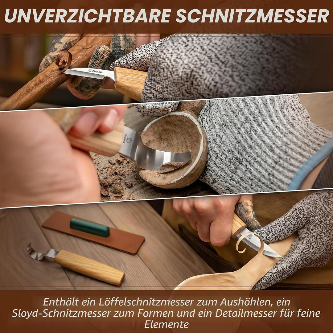 BeaverCraft S13L Holzschnitzerei Werkzeuge Set für Löffelschnitzen 3 Messer in Werkzeugsrolle Abzieh