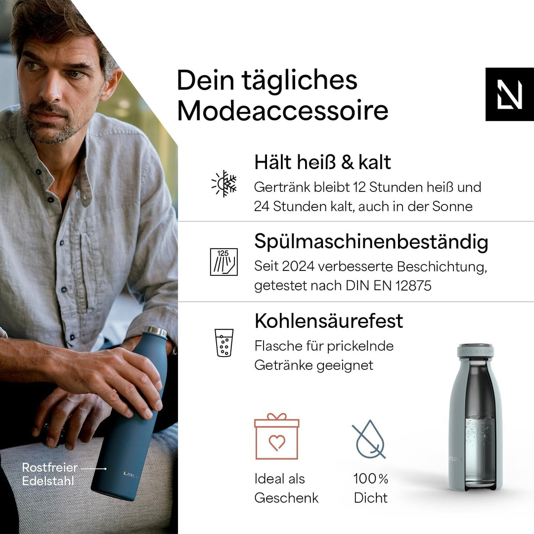 LARS NYSØM Edelstahl Trinkflasche 350ml, 500ml, 750ml, 1L, 1 5 liter | Thermosflasche Kohlensäure ge