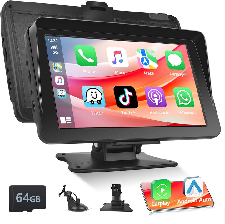 Podofo Tragbares Autoradio mit Kabellosem Apple Carplay und Android Auto, 7-Zoll HD Touchscreen, 7V-