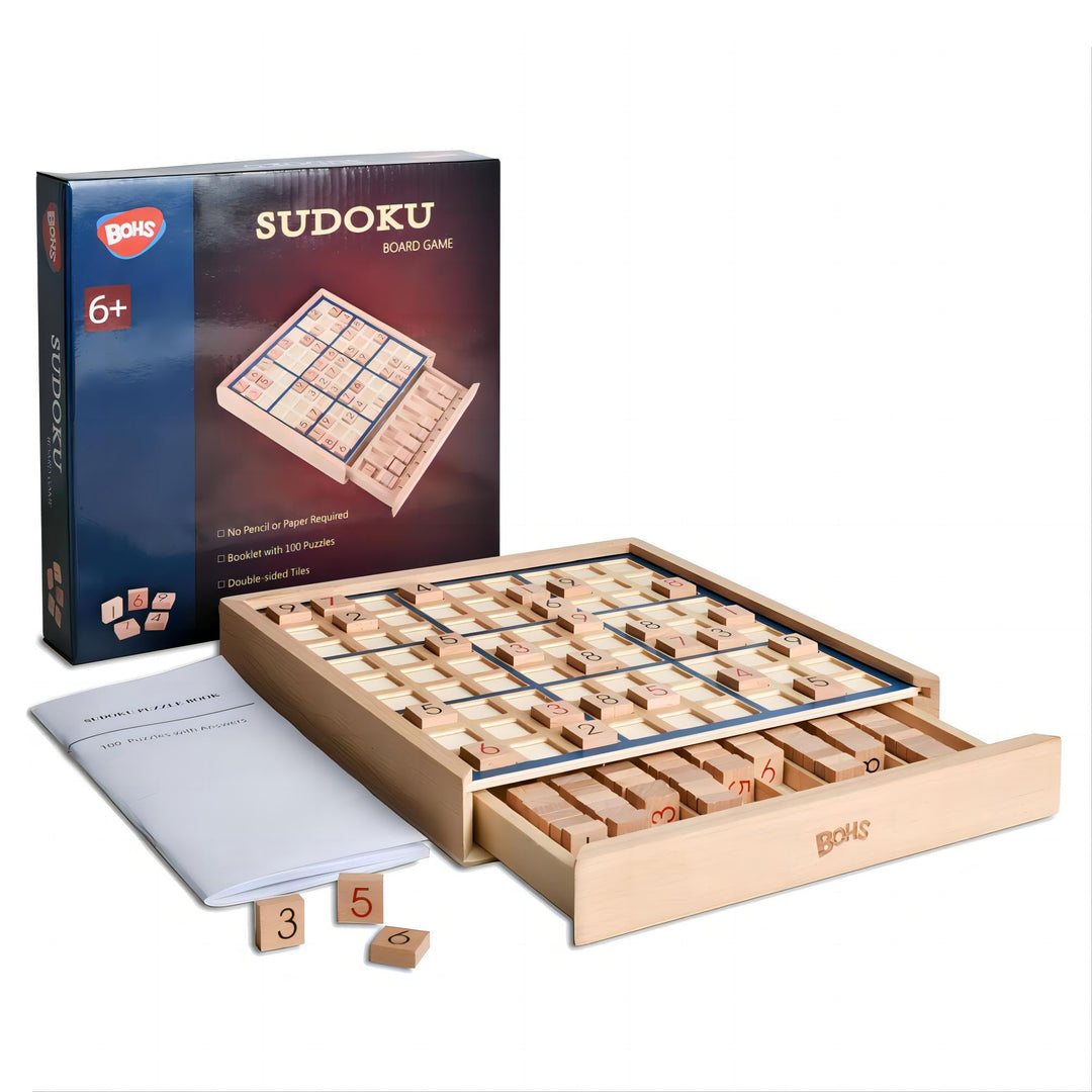 BOHS Sudoku-Brettspiel aus Holz mit Schublade – mit Buch mit 100 Sudoku-Rätseln für Erwachsene – Den