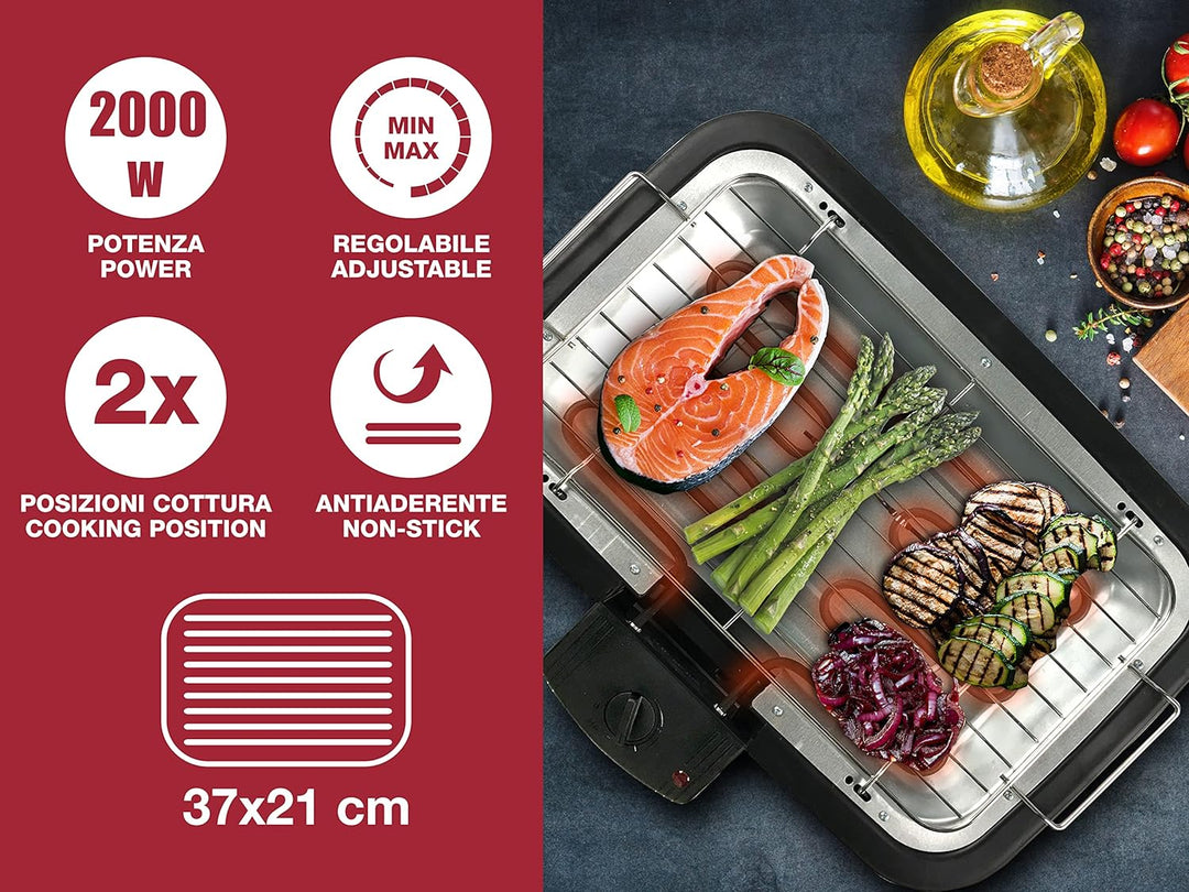 Beper BT.410 Tischgrill Elektrisch, Rauchfreier, 2000 Watt-Elektrogrill, Antihaftbeschichtete Grillf