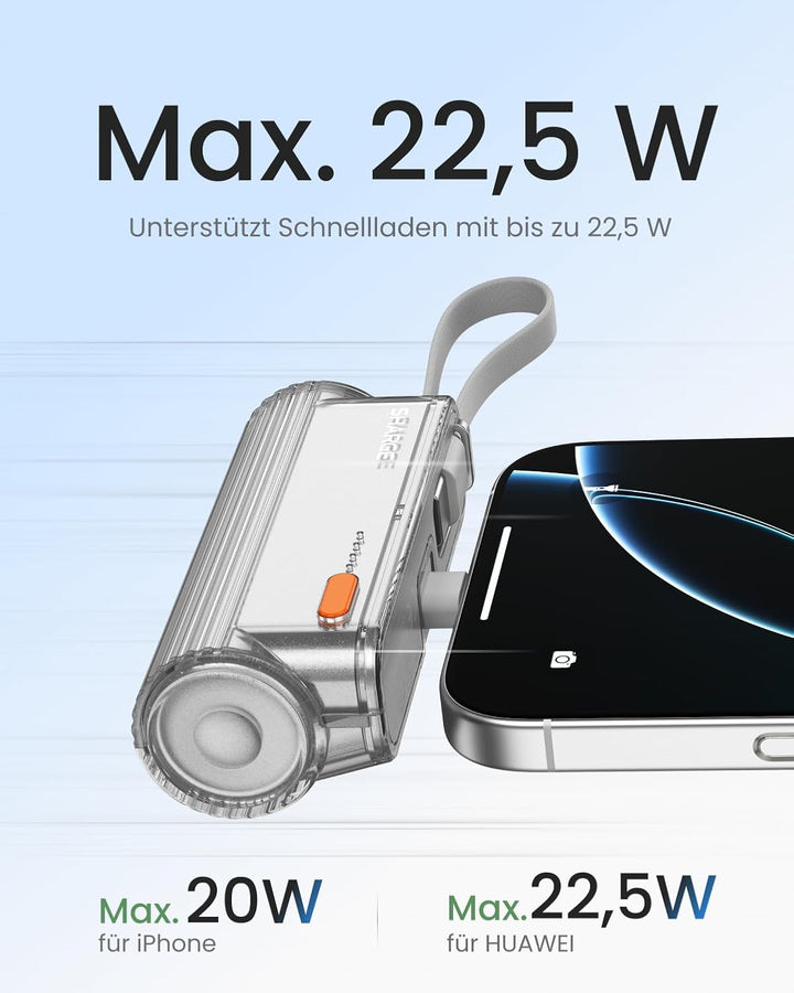 SHARGE Flow Mini 2 Powerbank, Tragbares Ladegerät 22,5W PD-Schnellladen mit Doppelstecker und integr
