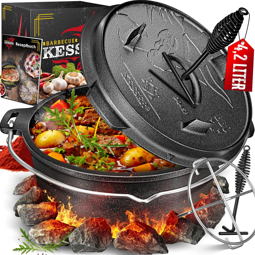 KESSER® Dutch Oven Set BBQ 4,2 Liter, Feuertopf Schmortopf mit Edelstahluntersetzer, Gusseisen Topf