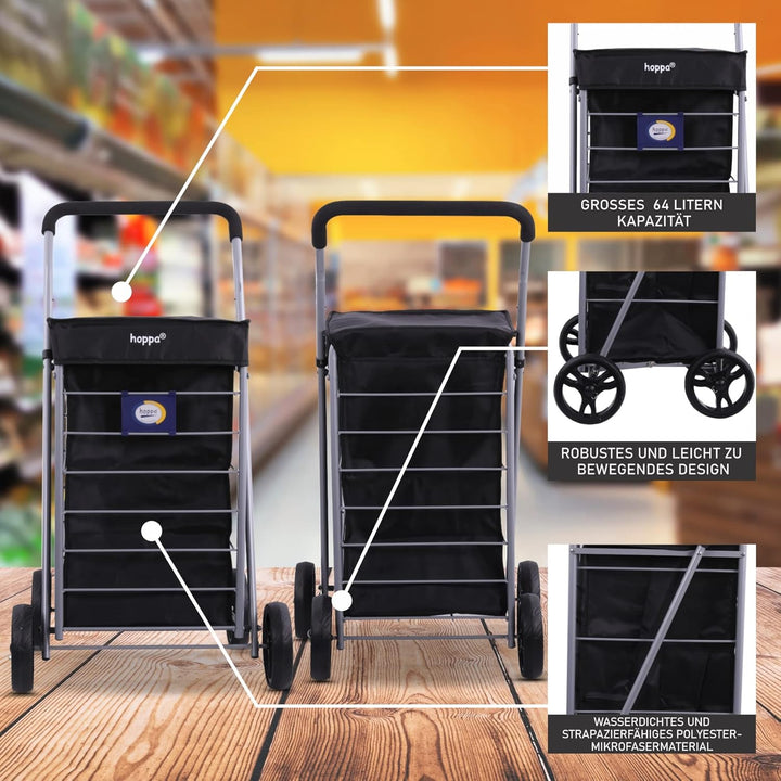 Hoppa Leichtgewichtiger 4-Rädiger Premium 2024 Modell Faltbarer Einkaufswagen Extra Grosse 64l Kapaz