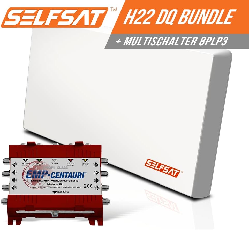 Selfsat H22DQ 8 TV Teilnehmer SAT Flachantenne Flat + Multischalter 5/8 Full HD 4K